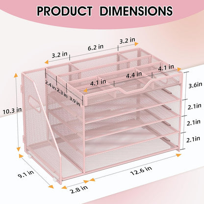 5 Tier Paper Letter Tray with File Holder and 3 Drop-in Pen Holders, Mesh Desk File Organizer with Handle, Desk Organizers and Accessories for School,Home, Office Supplies Storage-Pink