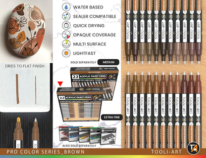 Acrylic Paint Pens 22 Brown Tones Assorted Pro Color Series Markers Set 0.7mm Extra Fine Tip for Rock Painting, Glass, Mugs, Wood, Metal, Canvas, Projects, Non Toxic, Waterbased, Quick Drying