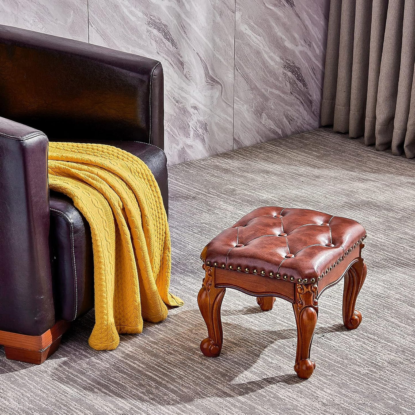 Foot Stool Ottoman Foot Rest Microfiber Leather Upholstered Footstool for Sofa, Living Room, Entryway, Solid Wood Stool (Light Brown)