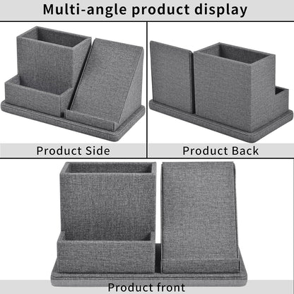 Multi-Function Pen/Pencil Holder-Linen Leathe Excellent Cell Phone Touch Screen Solution Holde-Business Card Holder/Sticky Note Tray,Desk Organizer for Office Supplies,Desktop Caddy,Grey