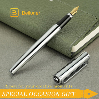 BEILUNER Silver Fountain Pen,Stunning Luxury Pens with Bright Silver Chrome, Gorgeous 24K Gilded Nib(Medium), Fancy Pen Gift for Men&Women -Ink Converter-Elegant, Office,Nice Pen for Writing