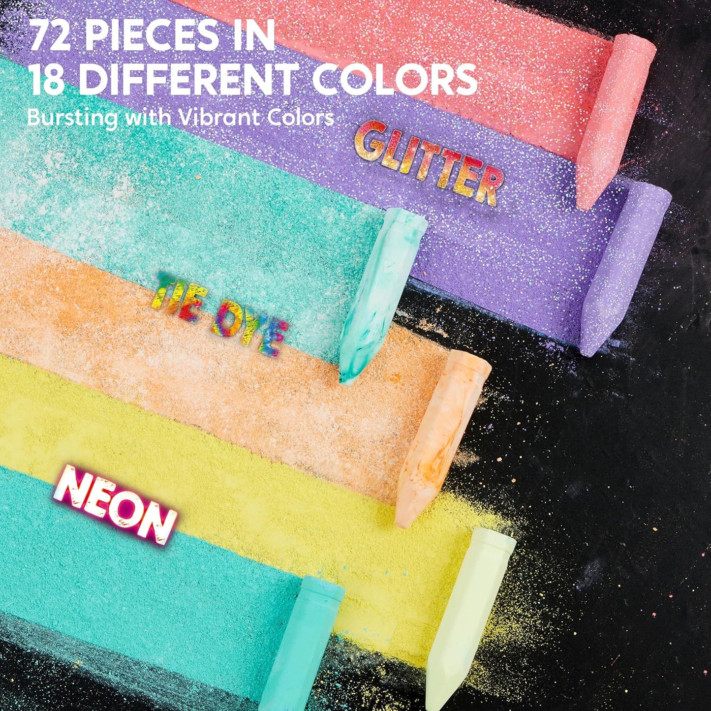 JOYIN 72 PCS Washable Sidewalk Chalks Set in 12 Packs, 18 Colors, Including 12 Tie Dye, 12 Glitter & 12 Neon Colors, School Supplies, Classroom Must Haves, Gift for Kids