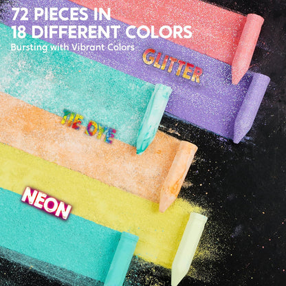 JOYIN 72 PCS Washable Sidewalk Chalks Set in 12 Packs, 18 Colors, Including 12 Tie Dye, 12 Glitter & 12 Neon Colors, School Supplies, Classroom Must Haves, Gift for Kids