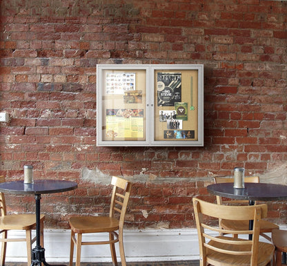 Ghent 36" x 72" 3-Door Indoor Enclosed Bulletin Board with Lock, Cork Material, Shatter Resistant Acrylic Panels, Made in the USA, Satin Aluminum Frame