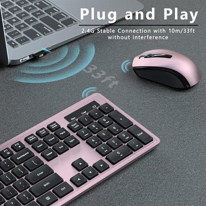 Wireless Keyboard and Mouse Combo, COVEVA 2.4GHz Wireless Keyboard Mouse with USB Receiver, Water-Dropping Keycaps, 104 Keys Full Size with Number Pad for PC Laptop Computer Desktop(Black Pink)