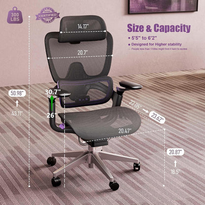 Ergonomic Office Chair, Mesh Home Office Desk Chair with Adjustable Lumbar Support, Big and Tall Gaming Chair with 4D Headrest, 5D Armrest,90-130°Tilt, BIFMA Certified, Model Zen (Purple)