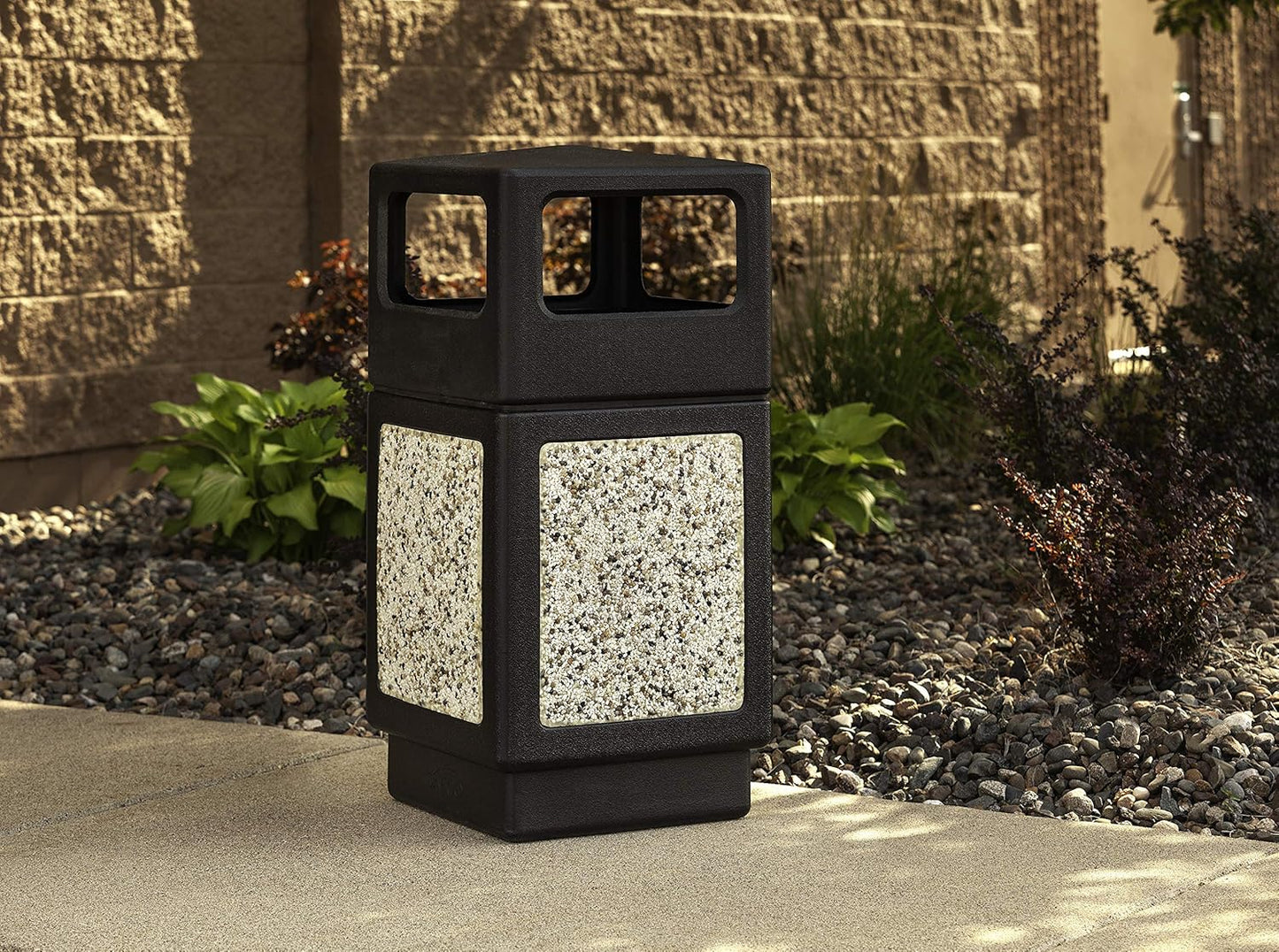 Safco Canmeleon Trash Can, 38 Gallons, Indoor and Outdoor Use, Durable & Weather-Resistant Commercial Garbage Can with Stone Panels, Black