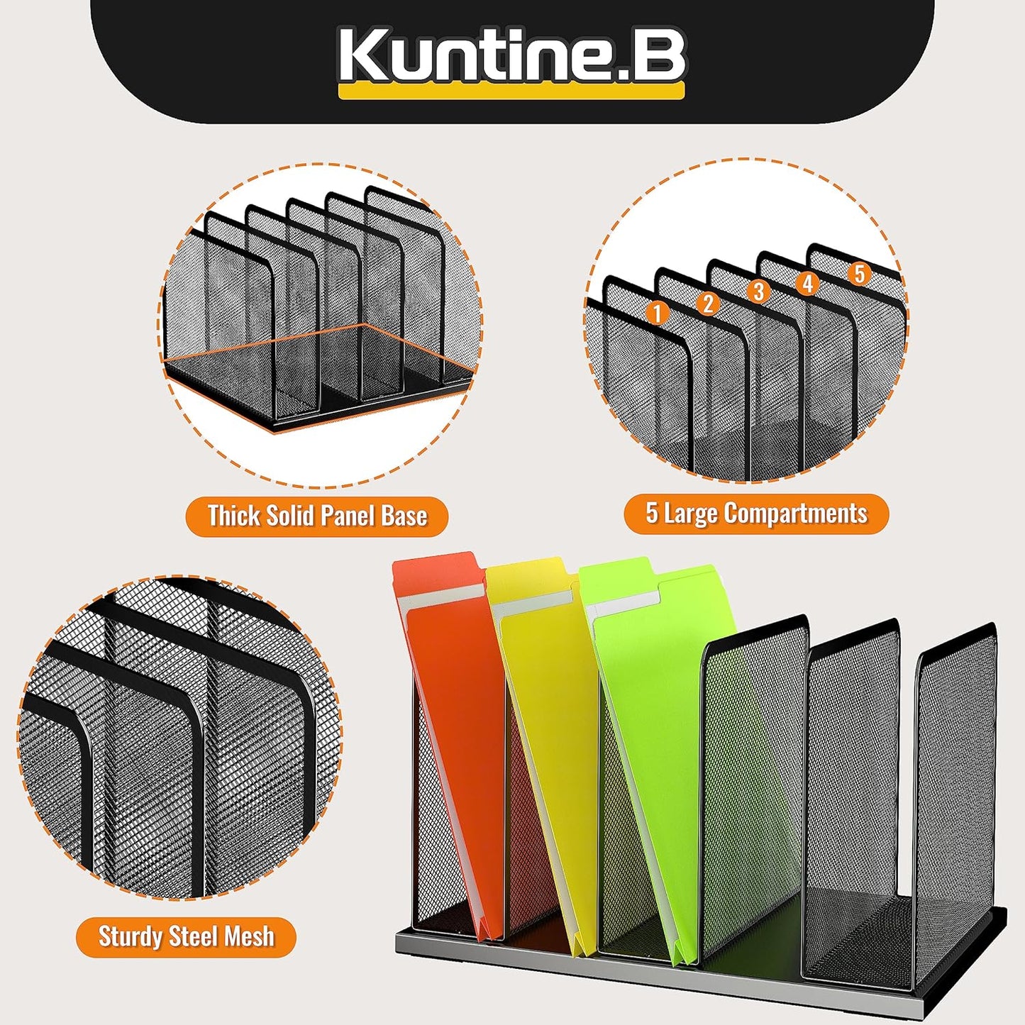 Kuntine.B Desk File Organizer 5 Sections Upright Mesh Desktop Organizer File Sorter Office Organization File Holder for Home, Office & Classroom