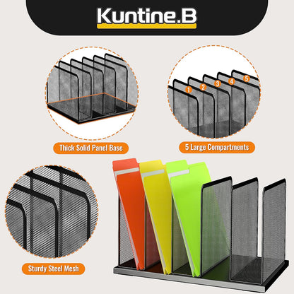 Kuntine.B Desk File Organizer 5 Sections Upright Mesh Desktop Organizer File Sorter Office Organization File Holder for Home, Office & Classroom