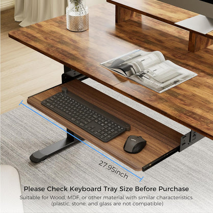 EUREKA ERGONOMIC Adjustable Keyboard Tray Under Desk, 28x11 Inch Large Slide Out Keyboard & Mouse Platform Tray, Wooden Pull Out Computer Keyboard Drawer for Typing Home Office Desk, Walnut
